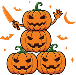 Scary Halloween Pumpkins | Jack O’Lantern Cartoon Vector with Knife and Bats