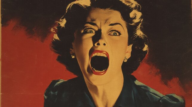 Vintage 1950s retro horror portrait of a woman screaming in fear with dramatic red Halloween poster background - Powered by Adobe