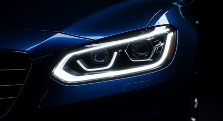 Close up of a sleek blue car headlight with bright white L E D daytime running lights automobile vehicle