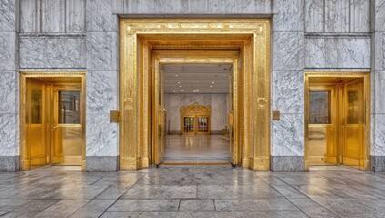 Gold-framed entrance to a marble building