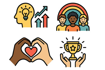 Inclusion and diversity icon set. Community support, teamwork, and achievement symbols. Business growth, innovation idea, and success trophy. Unity and love heart hands.