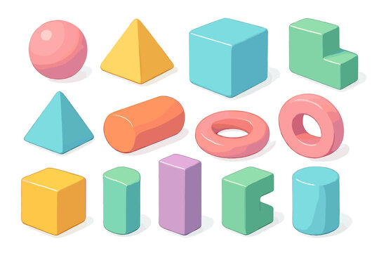 Isometric 3d geometric shapes set. Collection of colorful basic figures. Abstract minimal objects for graphic design. Cube, sphere, pyramid, cylinder, torus vector pack.