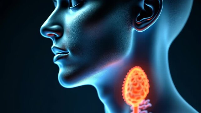 Thyroid gland, hormone synthesis, gland function. Medical imagery. Thyroid cells produce essential hormones. Iodine intake supports thyroid health. Hormonal balance crucial for metabolism.
