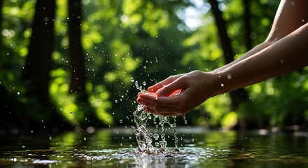 Cupped hands catching clear water splashes in a lush green forest setting image