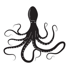 Black silhouette of octopus isolated on white background for logo, stickers, icons