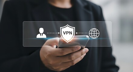 Person using phone with V P N shield and globe icons