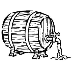 Hand drawn engraving style wooden beer barrel with tap and flowing liquid. Vintage medieval keg illustration in gothic style
