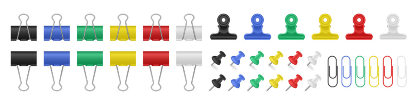 Set of multicolored binder clips, bulldog clips and paper clips. White, red, yellow, blue, green and white colors	