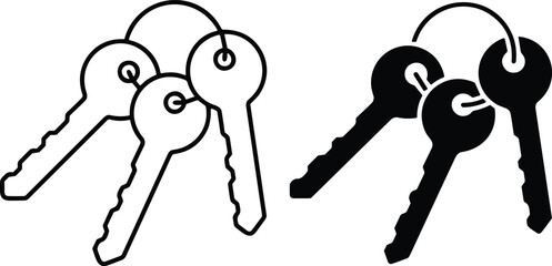 Key icon set, black and white keys, vector illustration, security symbol, outline and solid style, keyring, access concept, lock design