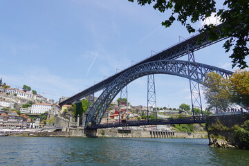 The view of Luis I bridge in Porto, Portugal., panorama opening from Vila Nova De Gaia