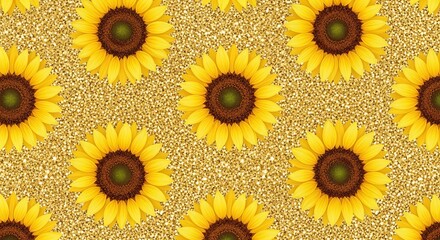Obraz premium A repeating pattern of sunflowers with yellow petals and brown centers on a gold glitter background