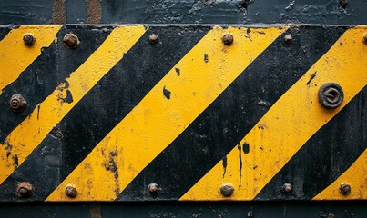 Design a hazard yellow and black striped sign in strong diagonals, conveying urgency and caution, Generative AI