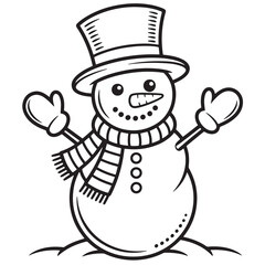 Smiling snowman coloring page with hat, scarf, buttons, and winter holiday charm in cute festive line art