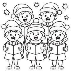 Cute group of children singing Christmas carols coloring page with festive outfits, hats, and holiday cheer in line art style