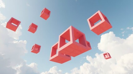 Pink geometric cubes floating in the sky with a dreamy, airy feeling