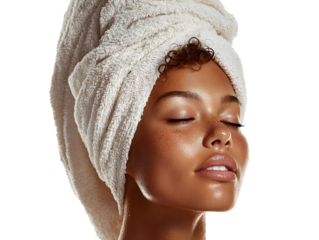 Portrait of a young African American woman wearing a towel and with her eyes closed. Cosmetology, beauty, and spa concepts, isolated on transparent background