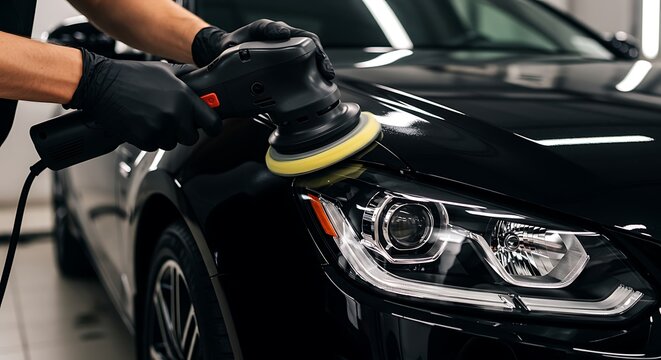 Hands in black gloves polishing a black car with a buffer machine buffing detail