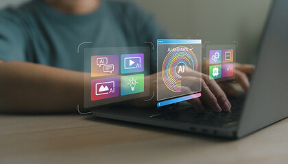 Woman using and typing on laptop with AI assistant interface for multimedia. Artificial intelligence tools for productivity, automation, digital smart technology and content creation concept.