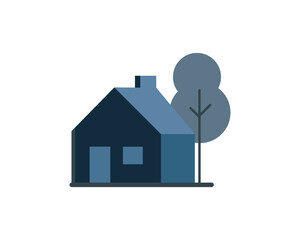 Simple flat design vector illustration of a house with a tree. Minimalist style, modern geometric shapes, and blue color palette. Perfect for real estate, property, architecture, housing, construction