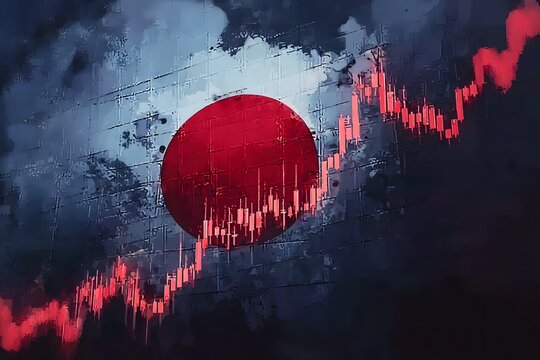 A red stock market graph with the japan flag on it  