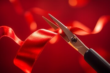 Naklejka premium A pair of scissors cutting through a shiny red ribbon against a warm, softly blurred background.