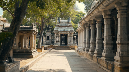 Fototapeta premium Serene Temple Pathway in Historic Indian Landscape