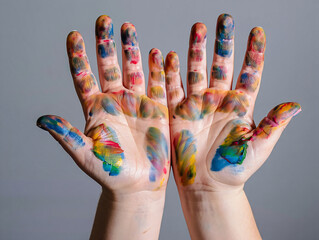 Hands covered in colorful paint against a gray background