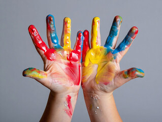 Hands covered in colorful paint creativity