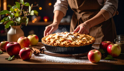 A person placing a homemade apple pie with powdered sugar on a table with apples on it