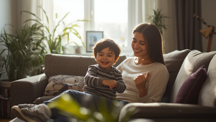 Smiling parents enjoying quality time with cute small son at home. Cheerful family bonding, modern living room interior, lifestyle concept.