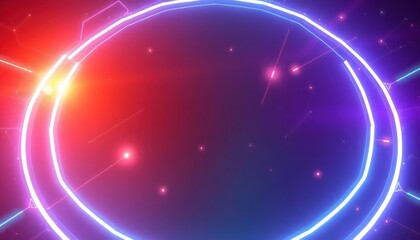 Fototapeta premium Futuristic neon light circles and glowing particles against a vibrant gradient. Ideal background for technology, gaming, and digital concepts.
