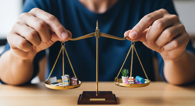 A person's hand adjusting work-life balance by weighing their work and personal activities on a scale.