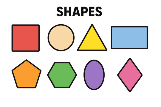 Colorful basic geometric shapes set for kids. Educational learning poster for preschool. Math geometry figures collection. Square, circle, triangle, rectangle, hexagon vector.