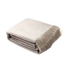 folded beige blanket with fringed edges  isolated on white background