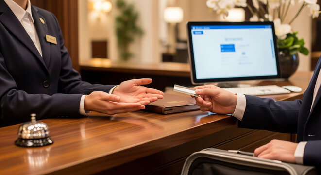 A female customer receiving a card at a hotel reception desk and a male customer holding a suitcase handing it over to her.