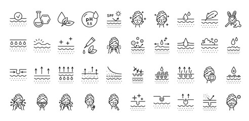 Skin Care Cosmetic Sign Black Thin Line Icon Set Include of Treatment Procedure and Neutral Ph. Vector illustration of Icons