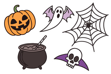 Minimalist Flat Vector Halloween Icon Set with Pumpkin, Bat, Ghost, Spider and Witch Hat"