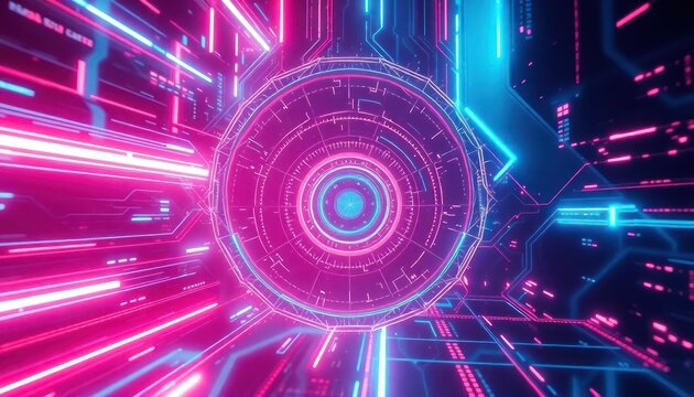 Vibrant abstract digital background with glowing neon lines, intricate circuits, and a central data portal. Visualizes high-speed technology, AI, and global network connectivity concepts.