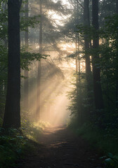 Obraz premium Sunlit Path Through the Enchanted Forest: Journey into the heart of nature, where sunlight streams through a dense canopy, illuminating a peaceful path and creating a magical atmosphere.