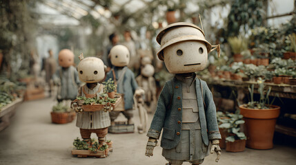 A group of humanoid robots exploring a lush greenhouse, surrounded by vibrant plants and greenery.