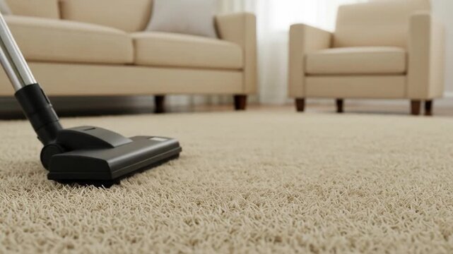 Vacuum cleaner cleaning neutral carpet in living room home maintenance