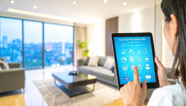 Woman Controls Smart Home Devices Using a Tablet in Modern Apartment with City View