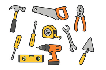 Construction tools set. Various instruments for repair, diy, and building projects. Work equipment collection including hammer, saw, drill, and screwdriver. Vector icons.