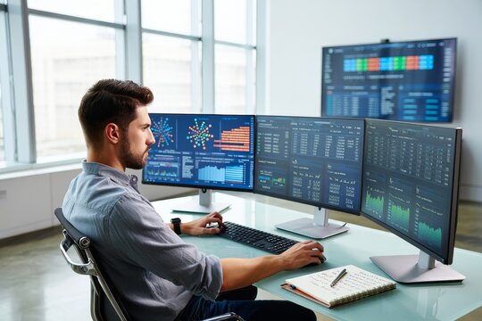 Man working on multiple monitors analyzing data for stock market financial analysis