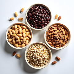 Fresh colorful mixed seeds spread on plain white surface, top view, minimal clean food photography, high detail