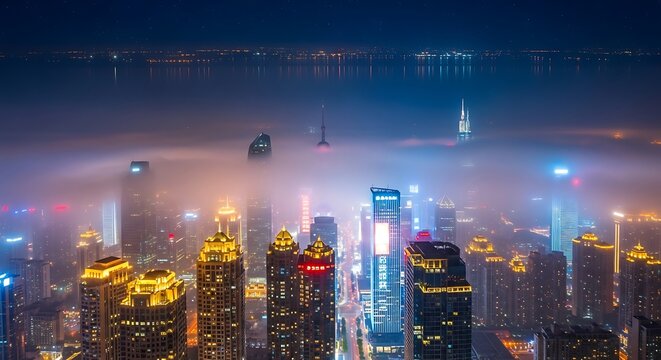 Night city skyline in fog