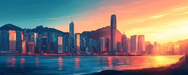 Capture wind energy plants in Hong Kong, with a clean and modern visual style, Generative AI