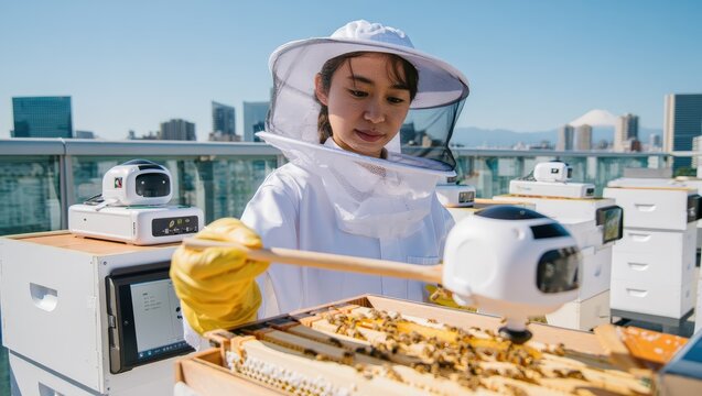 Urban Beekeeper at Work: A determined beekeeper, in protective attire, diligently tends to a beehive on an urban rooftop, showcasing the symbiosis of nature and city life.