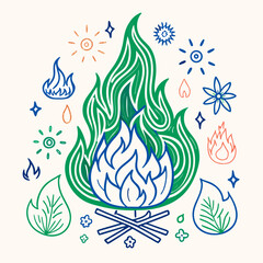 Obraz premium Folk Art Green Flame Campfire Line Art with Sun and Stars
