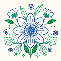 Folk Art Line Art Flower Centerpiece (Blue and Light Green)
